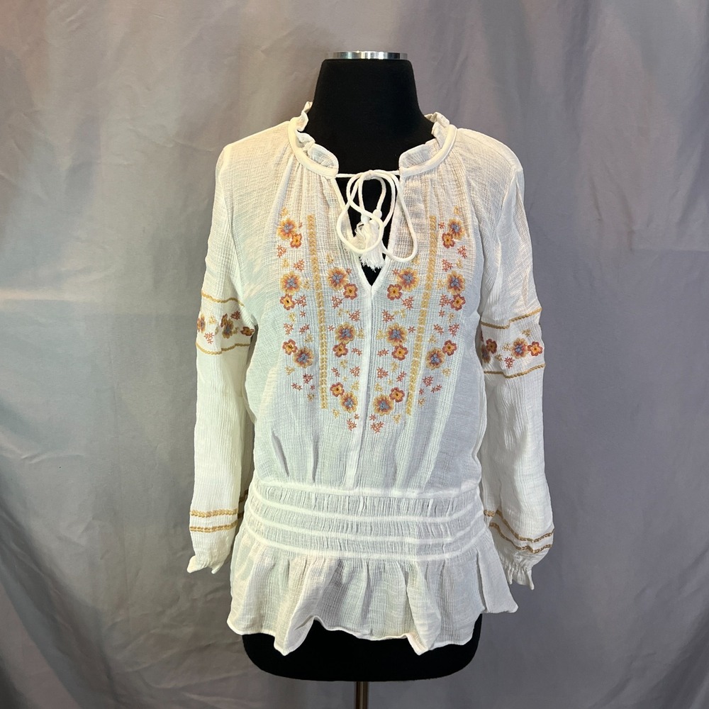 Dragonfly Blouse Top Women Large White Floral Embroidery Ruffled Sleeve Tie Neck